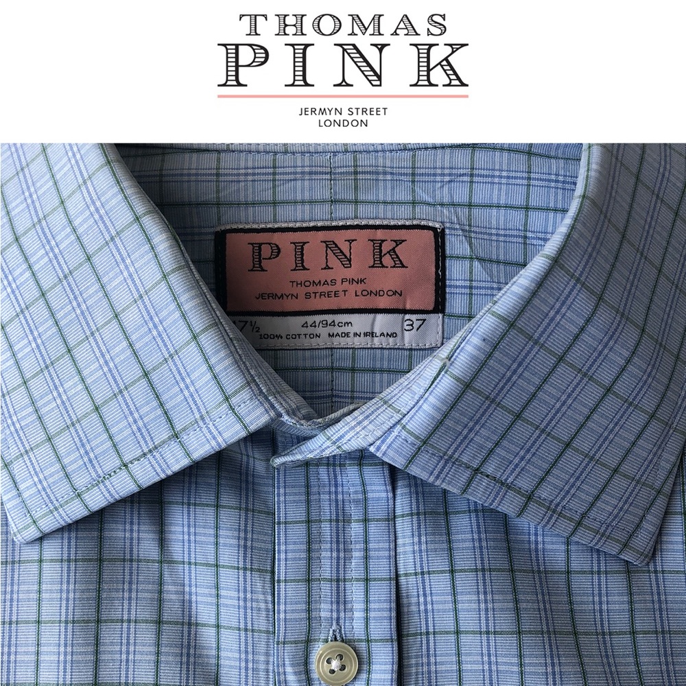 Thomas Pink Dress Shirt Blue Check Size 17.5
